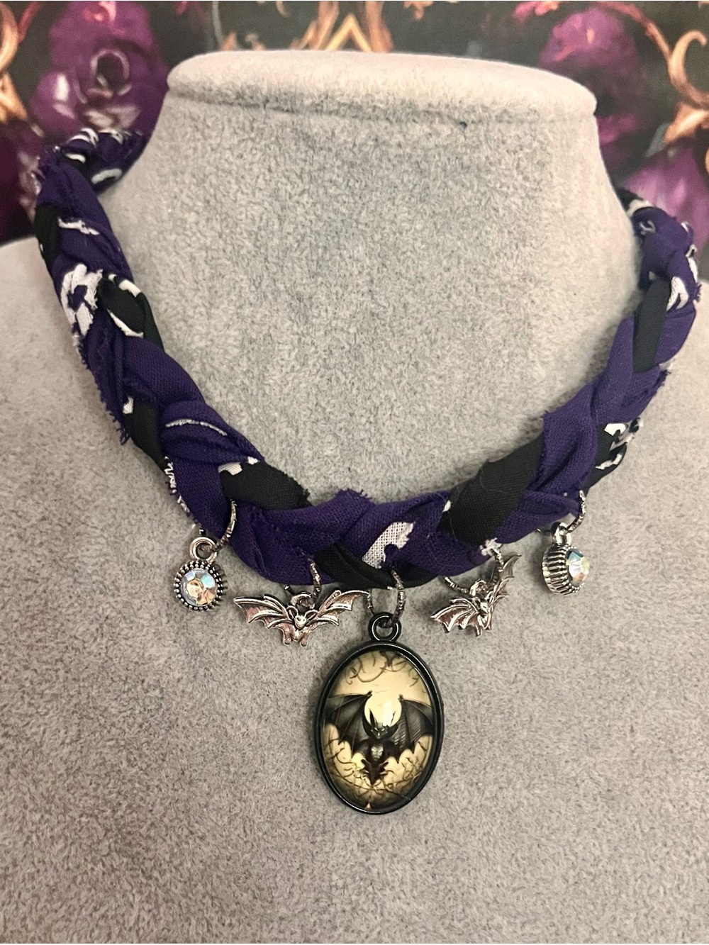Gothic Braided Black & Purple Bandana with Bat Charm, Halloween ready